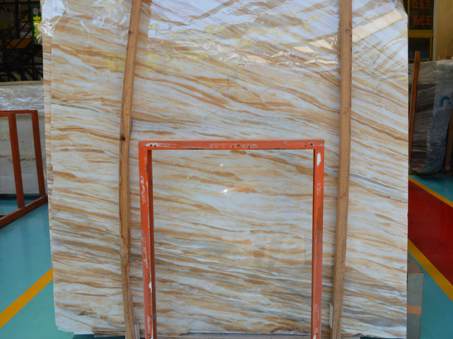 Imported straight grain golden veins white marble slab