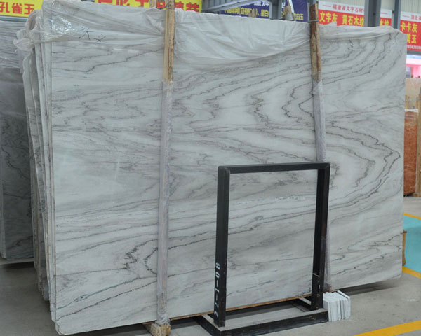 Wavy grain white marble slab with grey veins