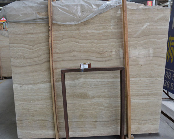 Polished beige wood grain travertine slab 