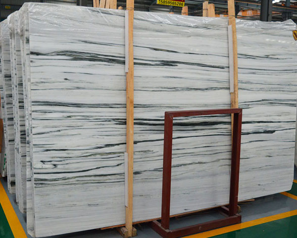 China white marble slab with black wavy grain
