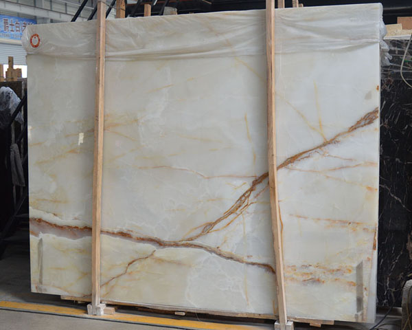 Natural golden lined white onyx slab flooring tiles